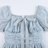 Folds A-Line Square Collar Puff-Sleeve Dress