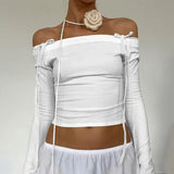 American Moda Fashion Popular Slash Neck Lace Up Shirts Solid Simple Slim Office Lady Punk Tops Y2k Aesthetic Vintage Clothes