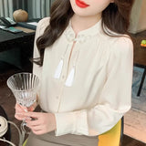Pbong  Long Sleeve Shirts Womens Satin Oversized Button Down Tops Lantern Sleeves Polka Dot Pleated Hem Minimalist French Style Preppy