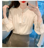 Pbong  Long Sleeve Shirts Womens Satin Oversized Button Down Tops Lantern Sleeves Polka Dot Pleated Hem Minimalist French Style Preppy