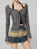 Destressed Two Piece Set Lace-up Cardigan with Cami Women's Y2K Grunge Crop Long Sleeve Criss Cross Knit Tops Acubi Outfit