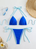 Triangle String Bikinis Halter Swimsuit Women Blue Sexy Swimwear Female Bathers Bathing Swimming Swim Suit Beachwear
