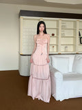 Pink Satin Backless Maxi Dress For Woman Shirring Beading A Line Long Tube Dress 2025 Summer Vacation Clothes