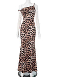 Leopard Print Incline Shoulder Sexy Maxi Dress Women Fashion Irregular Sleeveless Backless Club Party Long Dress