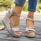 Pbong  Summer Women Woven Upper Wedge Sandals Ankle Strap Platform Open Toe Non-Slip Sole Beach Holiday Casual Walking Shoes
