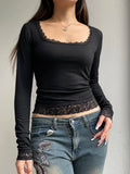 Lace Trim Square Collar Slim Long Sleeve Tee Black Solid Simple Basic Spring Autumn T Shirt Women Y2K Streetwear Tops