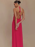 Rose Halter Off-shoulder Sexy Maxi Dress Women Rose Red Sleeveless Backless Lace-up High Waist Club Party Long Dress