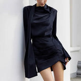 Pbong  New Autumn and Winter Advanced Light Luxury Flared Sleeve Dress Women's Elegant Pleated Date Party Evening Solid Dress