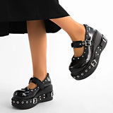 Women‘s Plus Size 35-42 Mary Jane Shoes Platform T-Strap Pumps Studded Black Leather Casual Flats Cosplayer Punk Style Shoes