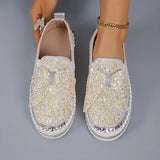 Pbong  Women's Gold Silver Bowtie Sequin Flats Shiny Crystal Thick Sole Platform Loafers Ladies Light Comfort Non Slip Casual Shoes