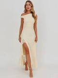 Sleeveless Ruffled Split Maxi Dress For Women Gown Mesh O Neck Oblique Shoulder Backless High Waist Slim Fit Club Dress