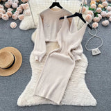 Pbong  Autumn Winter Slimming Knitted Sweater Dress Set Women's Mid-Length Base Layer Knee-Over Bottoming Dresses Fashionable