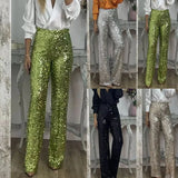 Pbong  Shiny Sequin Flared Pants Slim Fit Party Elastic Multicolor Casual Style Women's Comfortable Spring Summer New Arrival