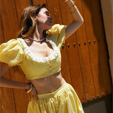 French Lace Patchwork Square Collar Top And Long Skirt Women Set Yellow Plaid Puff Sleeve T-shirt + Skirts Sweet Summer Outfits
