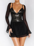 V-Neck Mesh Sequined Bling Backless Dress