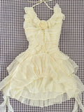 Pbong  Slim Sweet Ruffles Dress Women Fashion 3D Floral Casual Elegant Mini Dress Summer Sexy Sleeveless Lady Yellow Cake Vestidos