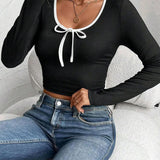 Autumn T-Shirts 2025 Women's Casual Plain Screw Thread Bowknot Long Sleeve Round-Neck Daily Basic T-Shirts