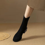 Pbong  new square head boots elegant pearl rhinestone thick heel suede single boots female short boots hundred