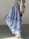 Pbong  Korean Ruffles Plaid Long Skirts Women High Waist Loose Elegant Skirt Vintage Preppy Style Casual Female Sweet Dance Skirt