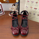 Red Mary Jane Women Pumps Thick High Heels Shoes Female Lolita Square Toe Shoes Spring Fashion Party Leather Woman Shoes New
