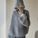 Grey Mohair Knit Hooded Sweater for Women Loose Bell-Sleeve Pullover Hoodie Female Autumn Winter Casual Chic Outfit