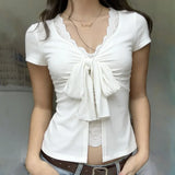 Pbong  High Street American Spliced Lace Fake Two Piece Y2k Pleated Bow Design Spice Girl Clothes Summer Sweet Casual Punk Tops