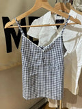 Navy Plaid Tank Shorts 2 Piece Sets Woman Lace Trim Buttons Lace-up Camis+Drawstring Sweatshorts Vintage Sweet Home Cotton Set