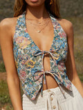 Women Vintage Floral Tie Front Floral Print Halter Neck Tank Top Y2k Sleeveless Backless 00s Retro Aesthetic Top Streetwear