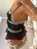 Women Dot Print Camisole Slim Lace Trim Tie Front Square Neck Backless Spaghetti Strap Crop Tank Tops Summer Clothes