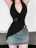 Sexy Deep V Halter Office Lady Casual Tank Top Cross Draped Slim Fit Y2k Aesthetic American Camis Streetwears Lrregular Tees