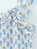 Pbong  Sexy White Blue Flower Print Corset Ruched Elastic Body Sling Mini Dress Woman Wood ears Square Collar Ruffles Hem Robe Holiday