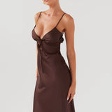 Pbong  Women's Elegant Solid Color Adjustable Thin Shoulder Straps Cutout Tie-Up Front Backless Summer Long Cami Silky Dress