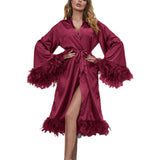 Pbong  Women Satin Robe Sleepwear Solid Color Casual Feather Trim Long Sleeve Pajama Dress Ladies Loungewear Nightwear Bathrobe