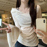 Pbong  Women Clothing Summer Sun Protection T Shirts Flare Sleeve All Match Slim Fit Tees Fashion Tunic Pleated Tshirt