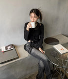 Vintage Distressed Low Waist Jeans Grunge Asymmetrical Waist Denim Pant Korean Fashion Black Flare Jeans Kpop Streetwear