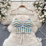 Beach Vacation Style Cami Top Women Design Sense Color Blocking Hook Flower Slim Fit Camisole Short Sexy Exposed Navel Crop Tops
