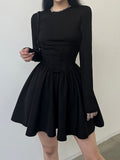 Black Long Sleeve O Neck Pleated Dress