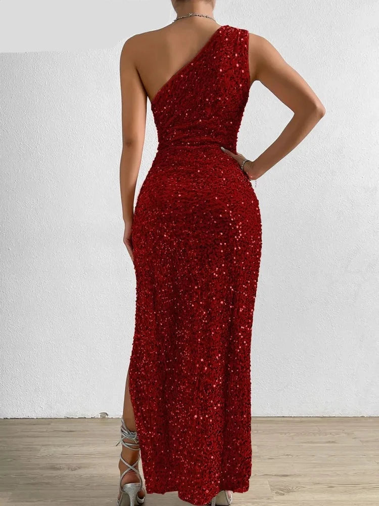 One Shoulder Maxi Long Dresses Women Sparkling Sequin Backless Sexy Evening Party Vestidos Slim Ruched Summer Dress