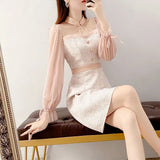Pbong  Sweet Elegant Spring Autumn Dresses New Women's Bow Button Patchwork Korean Fashion Chic Long Sleeve Slim Mid-lengt A-line Dress