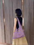 Pbong  Causal Commuter Canvas Shoulder Bags Purple Yellow Color Blocked Large Capacity Commuter Tote Bag New