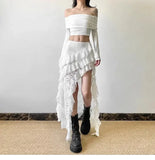 Elegant Tulle Ruffle Skirt Women Boho Lace Vintage White Irregular Skirt Korean Style Summer Layered Mid Skirts Street