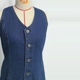Pbong  Back Tie Sleeveless Denim Mini Dress Deep V Neck  Adjustable Waist Spring Summer Picnic  Lady Women Retro Preppy Outfit