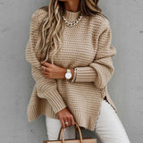Chunky Knitted Mock Neck Sweater Side Slit Long Sleeve Pullover Female Knitwear Autumn Winter Women Casual Chic Outfit