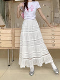 Pbong   White Skirts for Women High Waist A-line Chic Jupe Korean Summer Saia Lace Embroidery Sweet Long Skirt