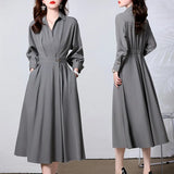 Gray High-quality Long-sleeved Shirt-collar Dress Women's Simple Office with Pockets Work Fashion Dress Autumn Clothes