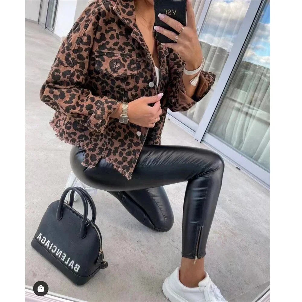 Vintage Denim Jacket for Women Loose Snake Leopard Jean Oversize Long Sleeve Boyfriend Coat Distressed Lapel Shacket denim coat