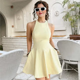 Versatile Halter Neck Backless Short Dress New A-line Zipper Solid Color Yellow Party Dress Fashion Vestidos Woman Clothing