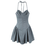 Pbong  Gray Striped Print Ruched Chest Corset Style Bow Halter Sling Dress Women Backless Low Waist Mini Swing Dresses Summer Robe