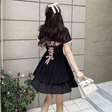 Pbong  Women's Black & Pink Contrast Collar Polo Dress, Short Sleeve Ruffle Hem Bodycon Mini Dress with Embroidery Detail