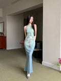 Butterfly Sleeveless Long Elegant Dresses For Woman Bodycon Halter Modest Maxi Ladies Mermaid Evening Dress Summer
